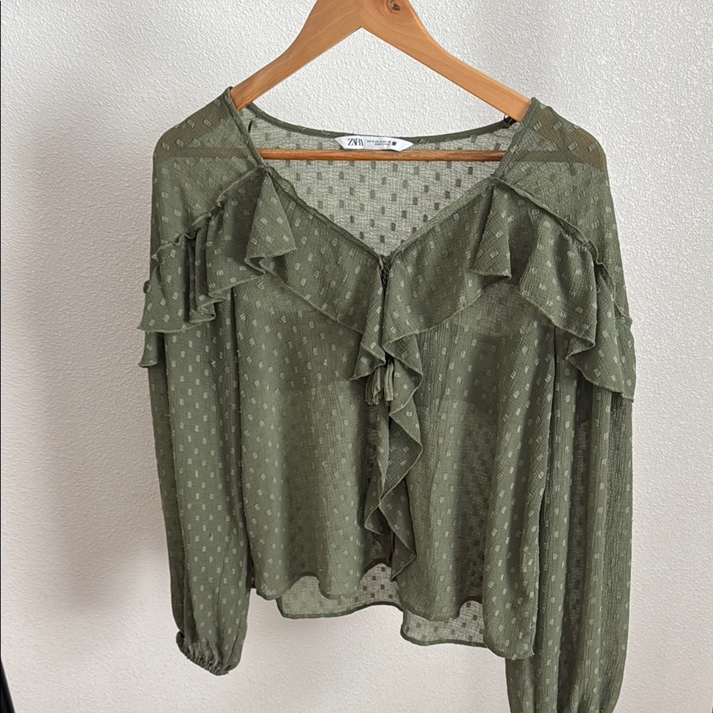 Zara Green Ruffled Tie Front Long Sleeve Blouse